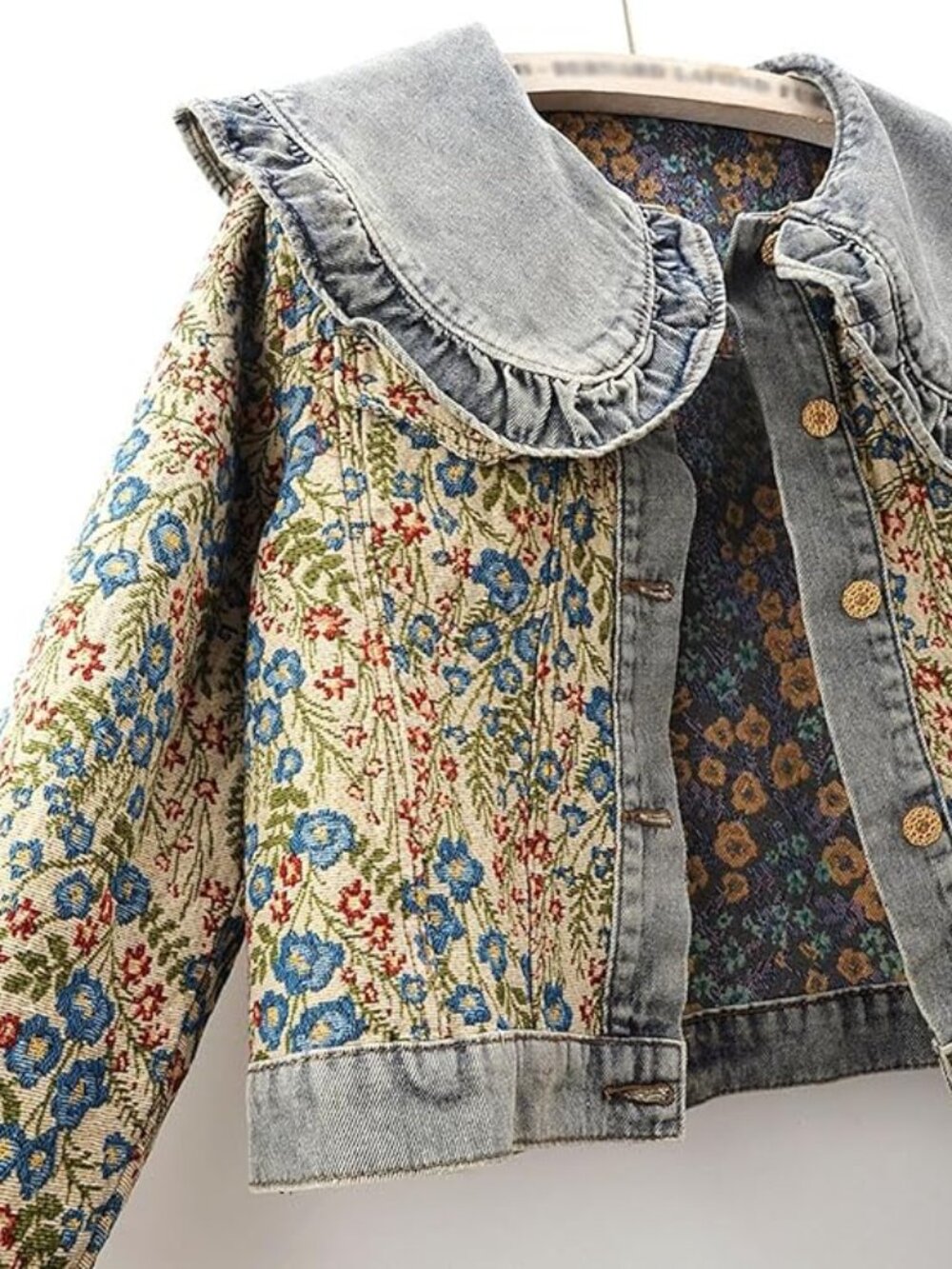 New - Women's peter pan collar embroidered jean jackets Long Sleeve